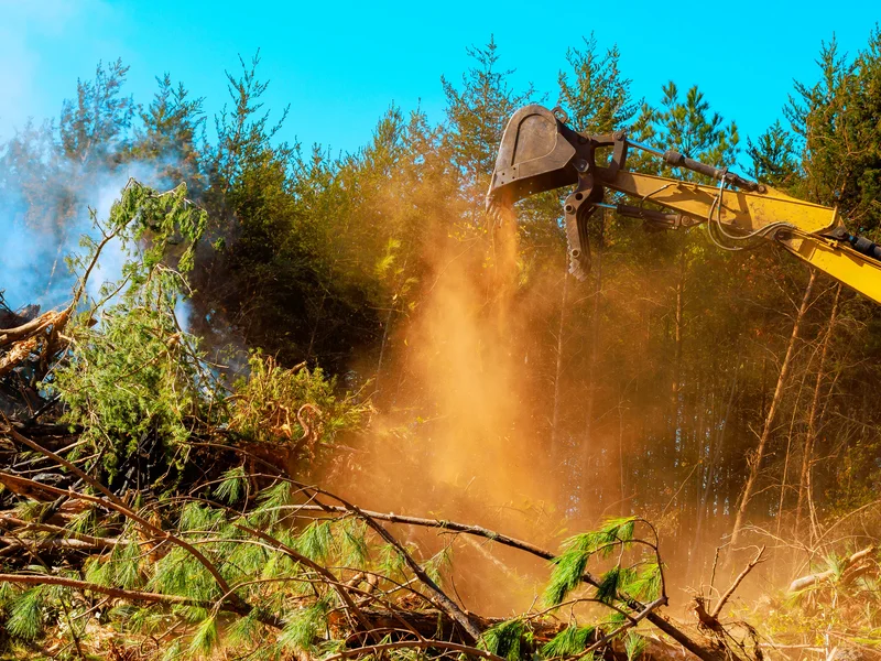 Professional excavator performing land clearing and tree removal at construction site in El Dorado County