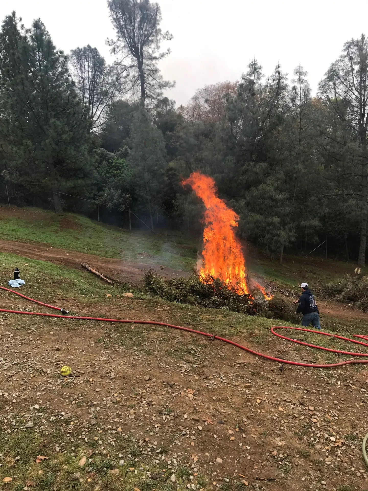 Controlled brush pile burning for fire management and vegetation removal in Northern California